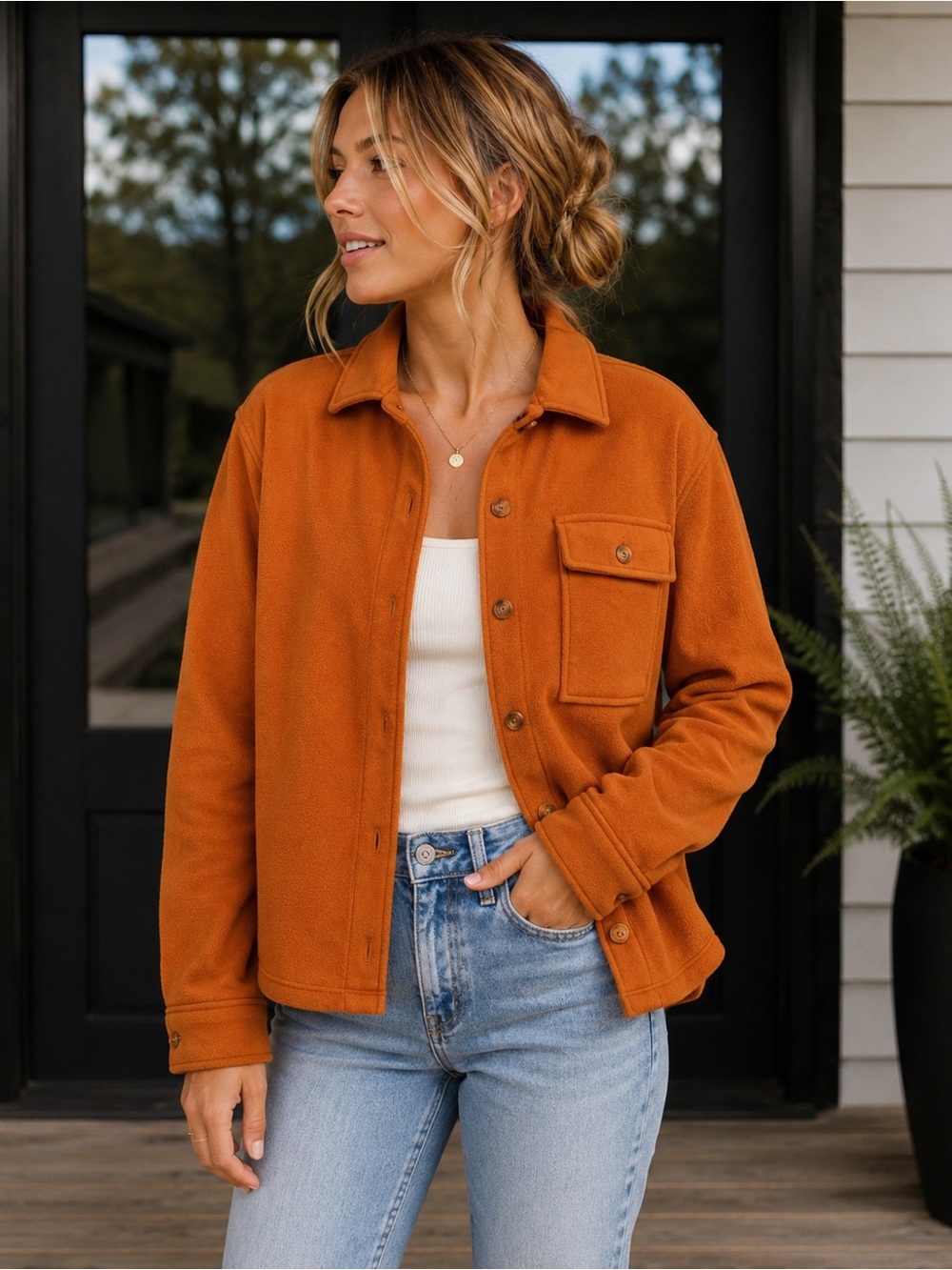 RVCA Shacket Womens M Orange Fleece Button Jacket NWT